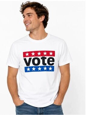 Levi's White 'VOTE' Graphic Tee with Red and Blue Stripes- Adult Small